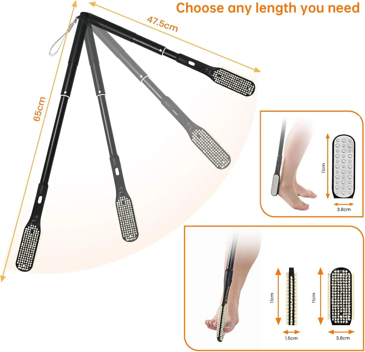 برس تمیز کننده بین انگشتان پا، برس تمیز کننده تلسکوپی با دسته بلند 47.8-66 سانتی‌متری، اسکرابر انگشت پا برای تمیز کردن عمیق و لایه برداری برای زنان، مردان و سالمندان