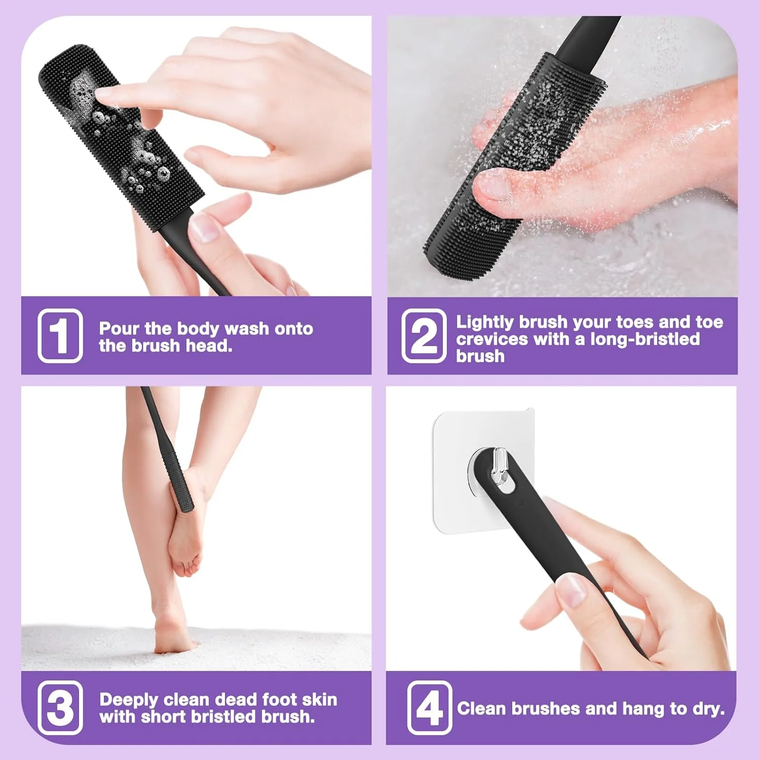 ست 4 عددی برس تمیز کننده انگشت پا، برس سیلیکونی نازک اسکرابر انگشت پا برس حمام برای بدن برس حمام پشت دسته بلند برای درز انگشت پا ابزار حمام (مشکی)
