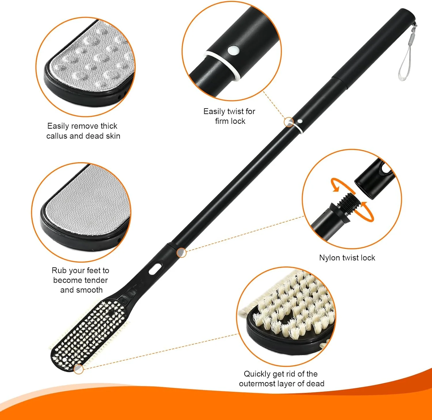 برس تمیز کننده بین انگشتان پا، برس تمیز کننده تلسکوپی با دسته بلند 47.8-66 سانتی‌متری، اسکرابر انگشت پا برای تمیز کردن عمیق و لایه برداری برای زنان، مردان و سالمندان