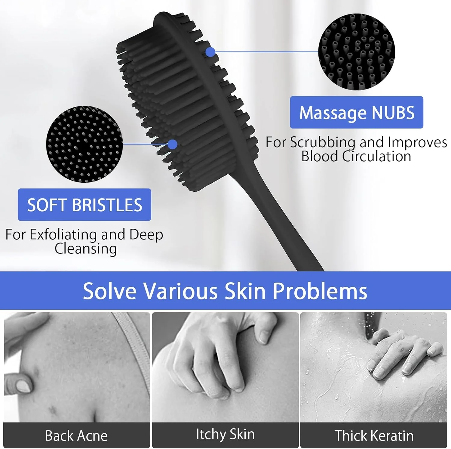 برس سیلیکونی بدن DAWRIS برای حمام، برس ماساژور پوست سر برای شامپو، برس دو طرفه پشت با دسته بلند، لایه بردار و ماساژ، برس شستشوی حمام برای زنان و مردان
