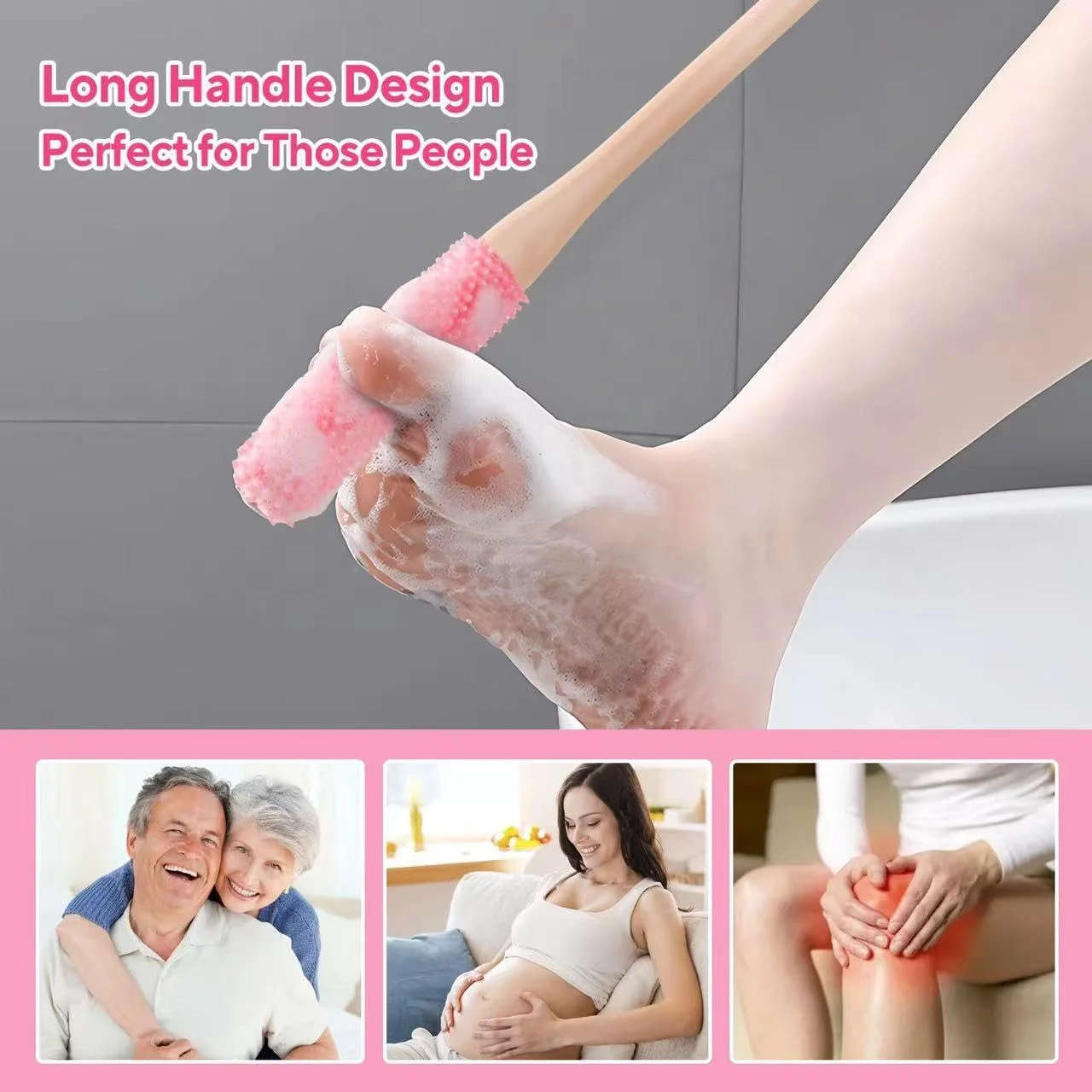 برس تمیز کننده انگشتان پا 2 عددی، برس سیلیکونی 40 سانتی متری پا شوی داخل حمام با دسته بلند، برس پا شوی ملایم لایه بردار مناسب سالمندان، افراد مسن، مردان و زنان (صورتی)