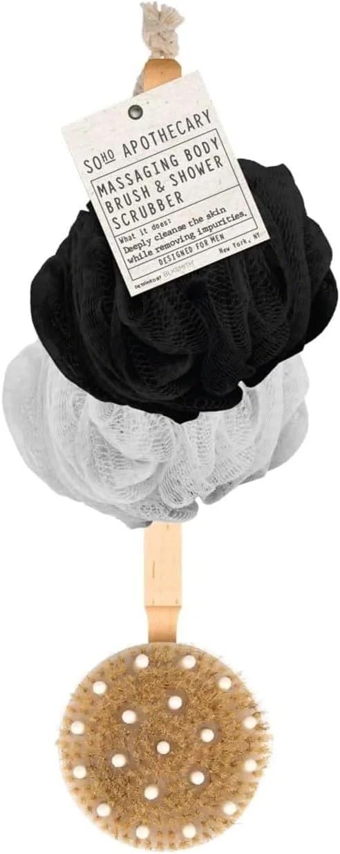 برس ماساژ خشک BLKSMITH و 2 عدد لیف برای آقایان - اسکرابر دوش برای بدن، پاکسازی عمیق پوست، از بین بردن ناخالصی ها - لیف حمام و برس بدن برای درناژ لنفاوی (سیاه - سفید)