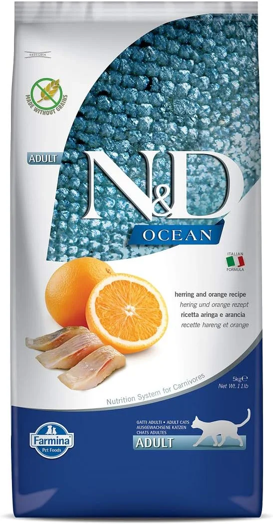 غذای خشک گربه فارمینا N&D Ocean، مخصوص گربه بالغ، بدون غلات، 5 کیلوگرمی، شاه ماهی و پرتقال