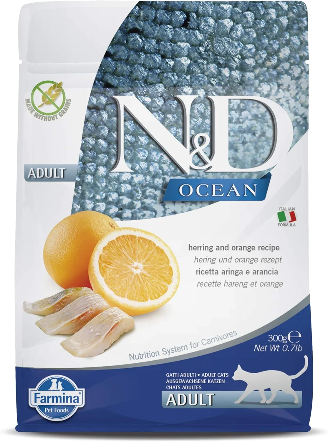 غذای خشک گربه بالغ فارمینا پت فودز N&D Ocean با طعم شاه ماهی و پرتقال، 300 گرم