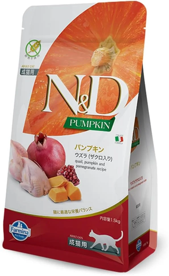 غذای خشک گربه بالغ فارمینا N&D، کدو تنبل و انار با طعم بلدرچین، 1.5 کیلوگرم