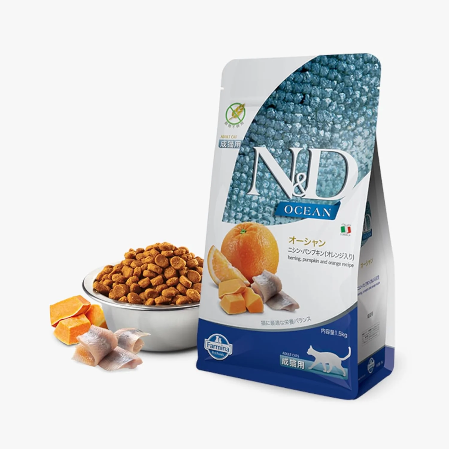 غذای خشک گربه فارمینا N&D Ocean با طعم شاه ماهی، کدو تنبل و پرتقال - 1.5 کیلوگرم غذای خشک گربه فارمینا N&D Ocean با طعم شاه ماهی، کدو تنبل و پرتقال - 1.5 کیلوگرم