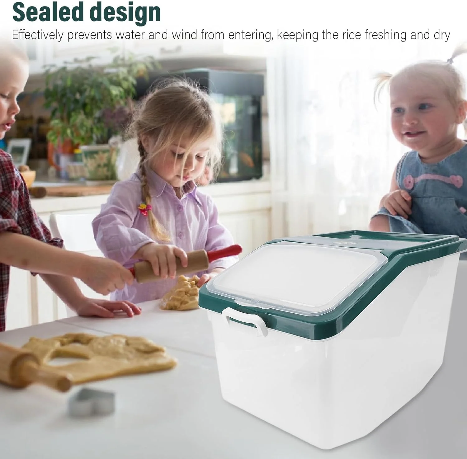 ظرف برنج 25 کیلویی Zhjvihx با درب مهر و موم شده، ظرف بزرگ مواد غذایی PP با فنجان های اندازه گیری برای غذای خشک غلات آشپزخانه، تاشو، با پیمانه