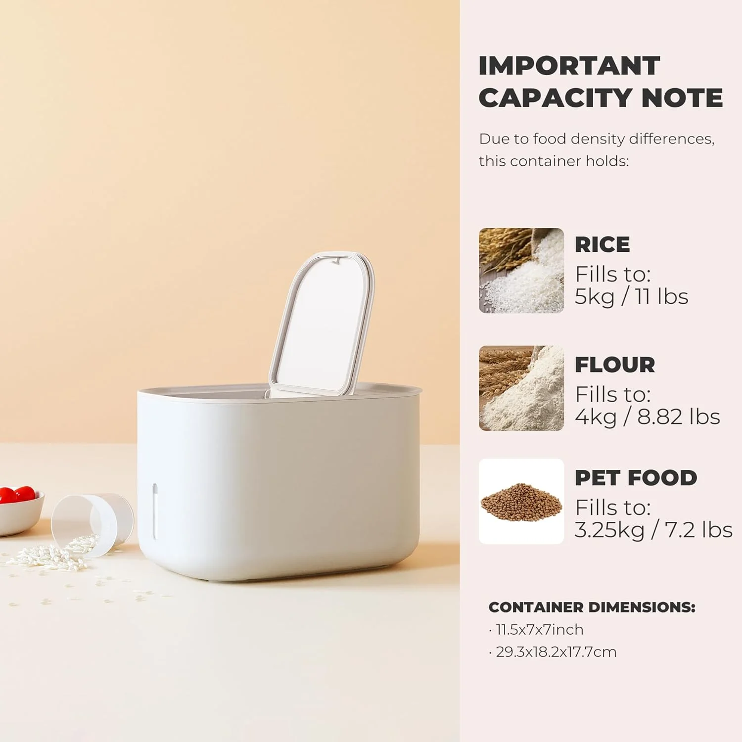 ظرف نگهداری برنج Zuutii، ظرف غذا، نگهداری مواد غذایی خشک، پخش کننده غذای حیوانات خانگی، ظرف بزرگ 6.9Qt/11lbs با درب، حلقه سیلیکونی و ضد رطوبت، برای غلات، حبوبات، ذرت، بژ