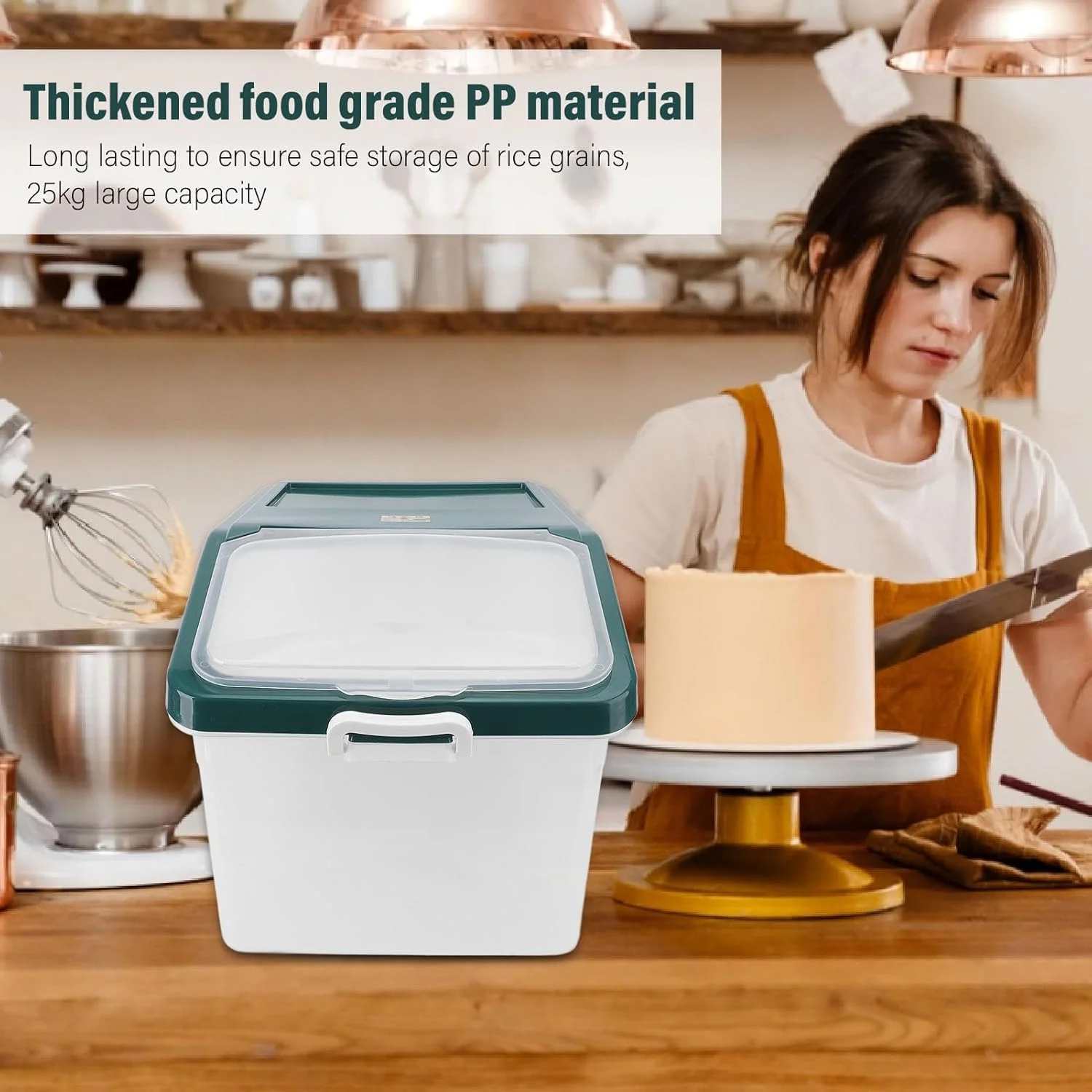 ظرف برنج 25 کیلویی Zhjvihx با درب مهر و موم شده، ظرف بزرگ مواد غذایی PP با فنجان های اندازه گیری برای غذای خشک غلات آشپزخانه، تاشو، با پیمانه