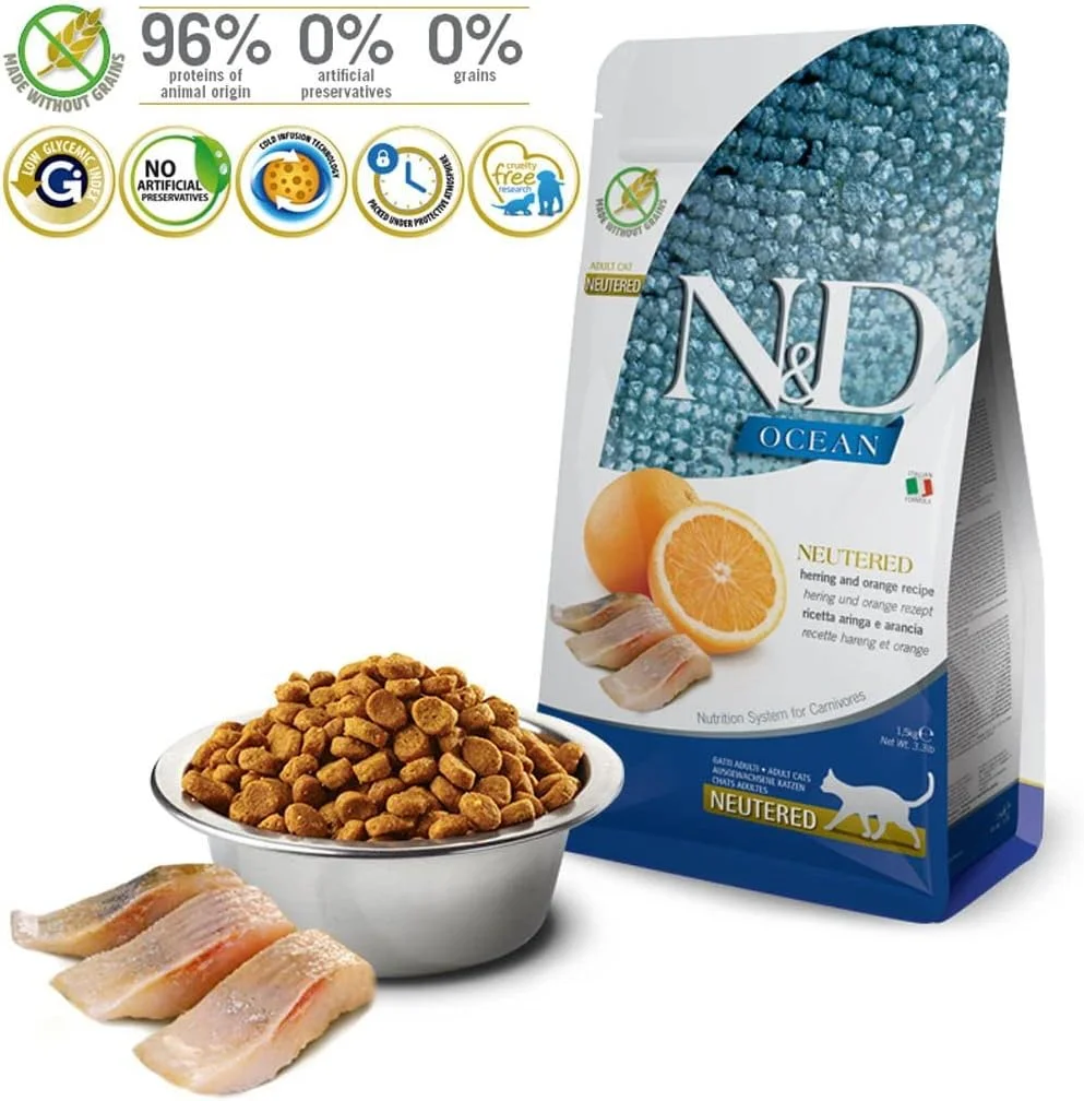 غذای خشک گربه عقیم شده فارمینا N&D با طعم شاه ماهی و پرتقال، 1.5 کیلوگرم