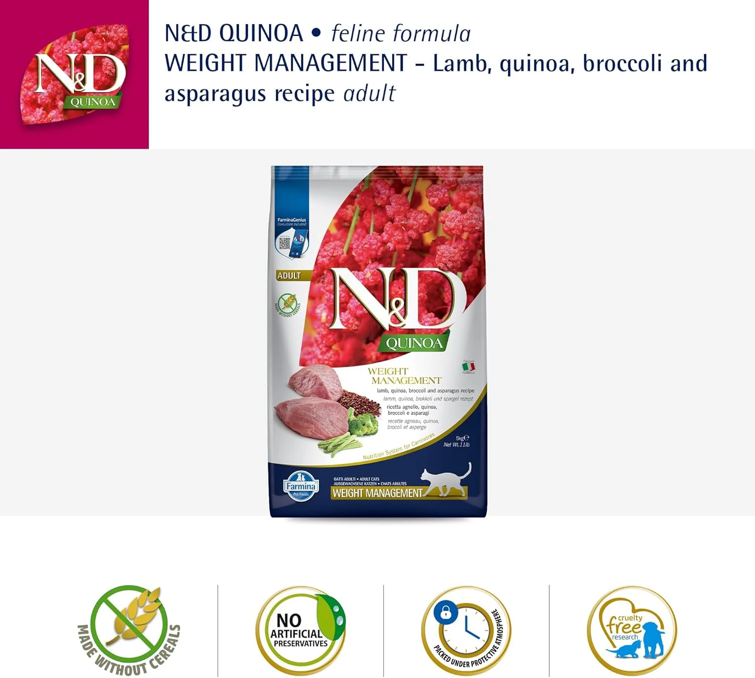 غذای خشک گربه فارمینا N&D کینوا بدون غلات مدیریت وزن با طعم بره غذای خشک گربه فارمینا N&D کینوا بدون غلات مدیریت وزن با طعم بره