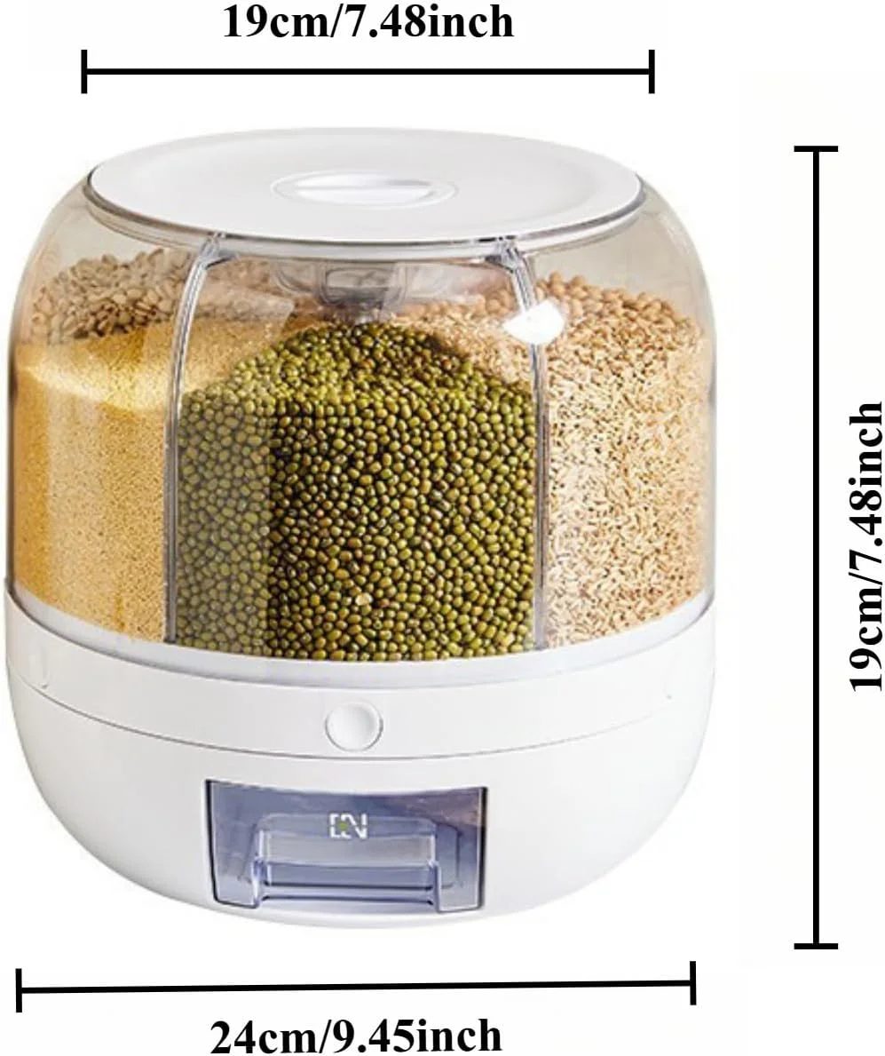 ظرف نگهداری غلات چرخشی WYSYZJJ، ظرف نگهداری برنج و غلات 6 قسمتی، دستگاه پخش کننده غذای چرخشی 360 درجه، مورد استفاده برای نگهداری برنج، حبوبات، غذای غلات با درب جعبه، ضد رطوبت، سفید