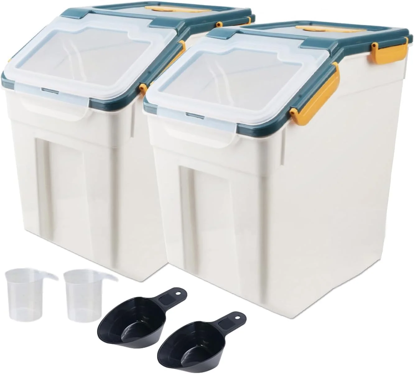 ظرف نگهداری غذای حیوانات خانگی Uotyle آبی 25 کیلوگرمی با درب محکم، پیمانه اندازه گیری، قلاب و اسکوپ، سطل پلاستیکی بزرگ مناسب غذای سگ، گربه، آرد، برنج، غلات و آجیل (2 عدد)