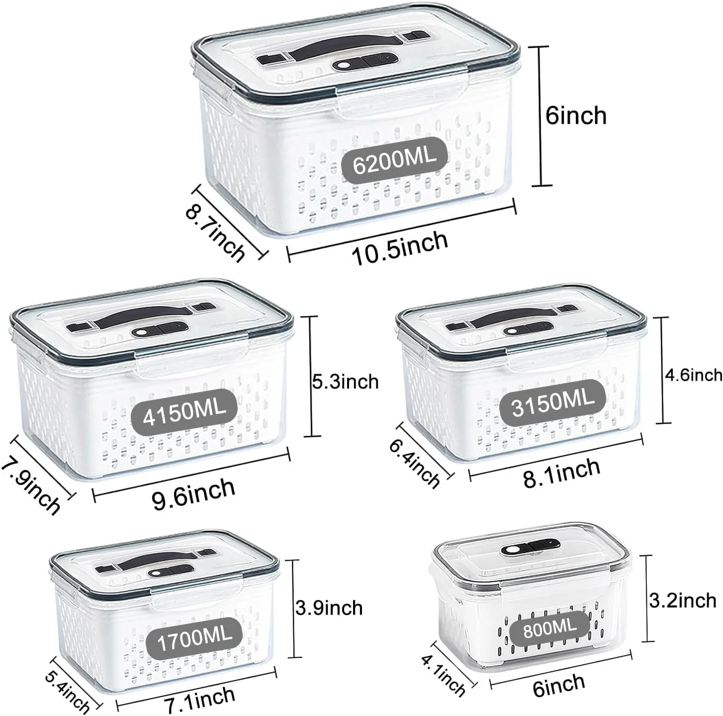 ظرف نگهداری میوه و سبزیجات، مجموعه 5 عددی ظروف پلاستیکی قابل استفاده مجدد و درب دار، ظروف سازمان دهنده یخچال با قابلیت ضد نشت و بادوام برای نگهداری تازه سالاد، مناسب پیک نیک و کمپینگ