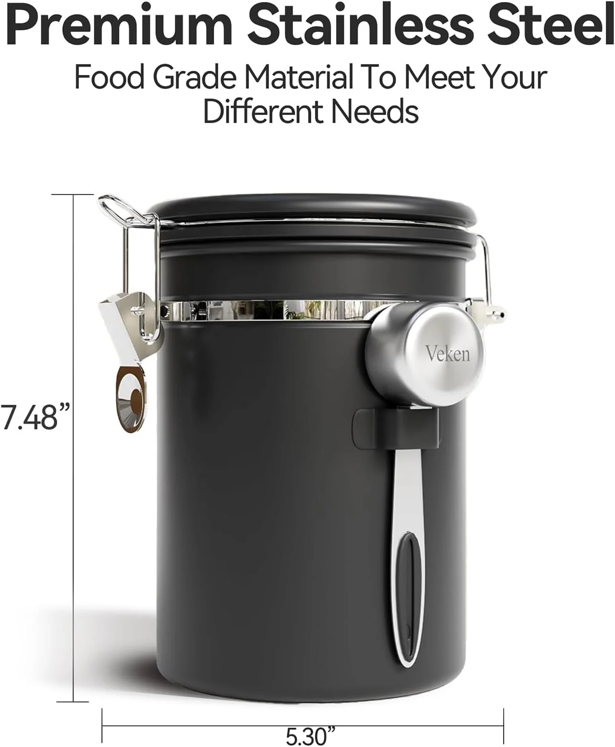 ظرف قهوه وکن با پنجره، ظرف نگهداری مواد غذایی آشپزخانه از جنس استیل ضد زنگ و هوا بند، دارای نشانگر تاریخ و قاشق برای لوازم جانبی قهوه، دانه ها، چای، شکر، آرد، غلات، 22OZ، مشکی