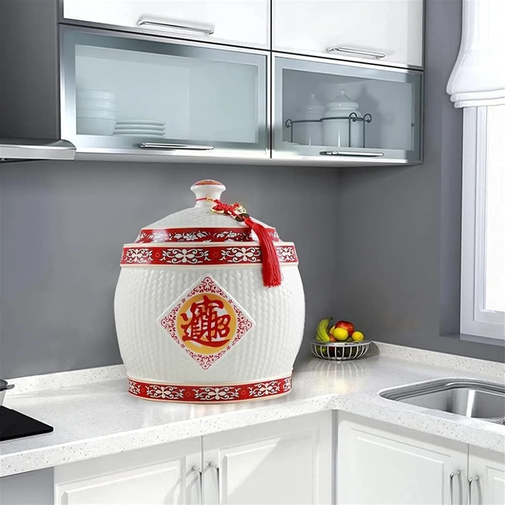 ظرف برنج TSTSM، مخزن ذخیره سازی سرامیکی با ظرفیت بزرگ، سطل برنج ضد هوا، سطل ذخیره غلات، ظرف پخش کننده غلات - 18 * 20 سانتی متر