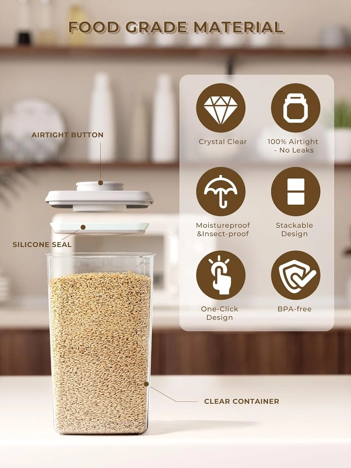 مجموعه 4 عددی ظروف بزرگ 4 لیتری درب فشاری Tourdeus - ظروف نگهداری آرد بدون BPA، ظروف نگهداری برنج با درب های محکم و پیمانه اندازه گیری