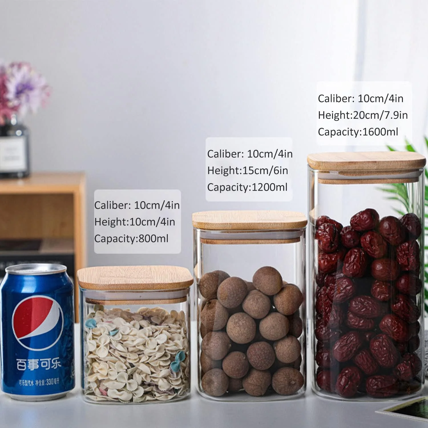 ظروف شیشه ای ذخیره سازی TAPIT با درب بامبو محکم، ظروف شیشه ای شفاف برای نگهداری مواد غذایی، مناسب برای قهوه، آبنبات، کلوچه، برنج، شکر، آرد، پاستا، آجیل و ادویه