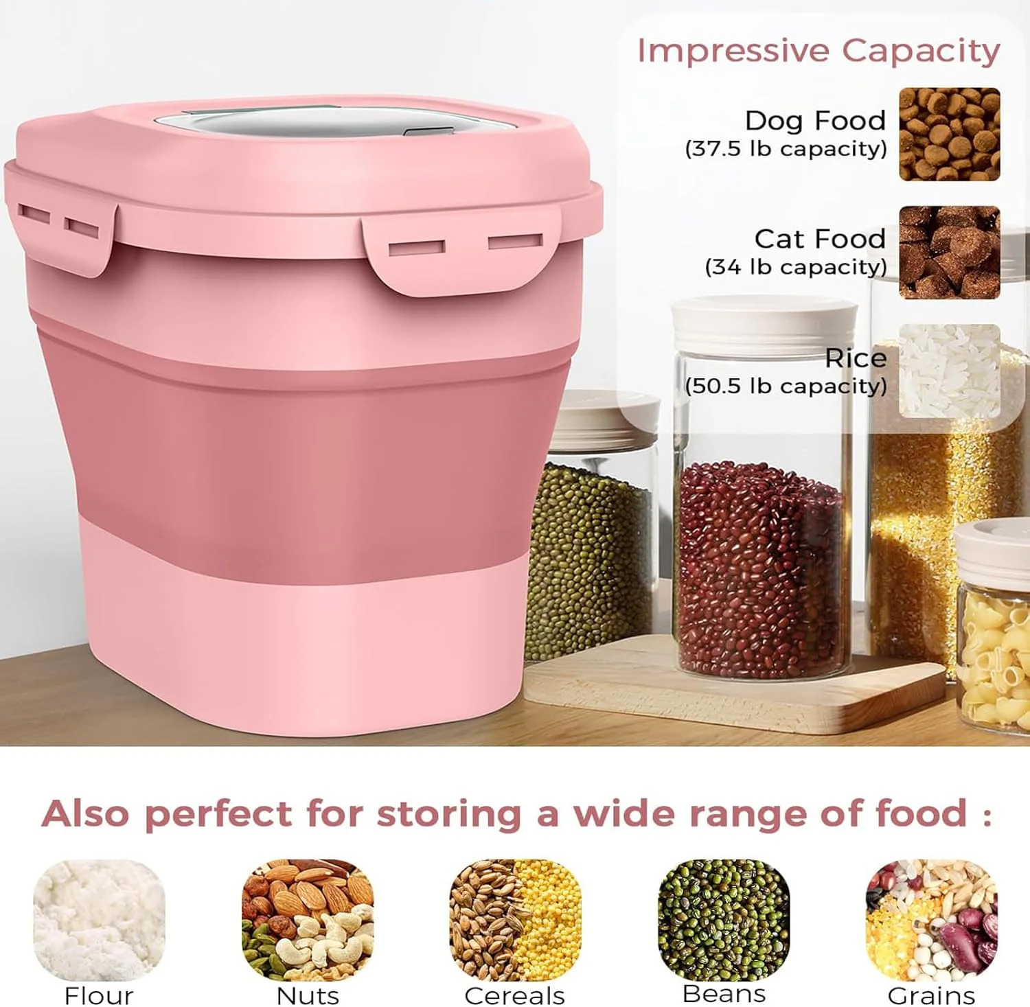 ظروف نگهداری مواد غذایی صورتی تزویق، ظرف تاشو برنج 5 تا 7 کیلوگرمی با درب قفل شونده هواگیر و چرخ، ظرف تاشو نگهداری غذای سگ و گربه و سایر حیوانات خانگی