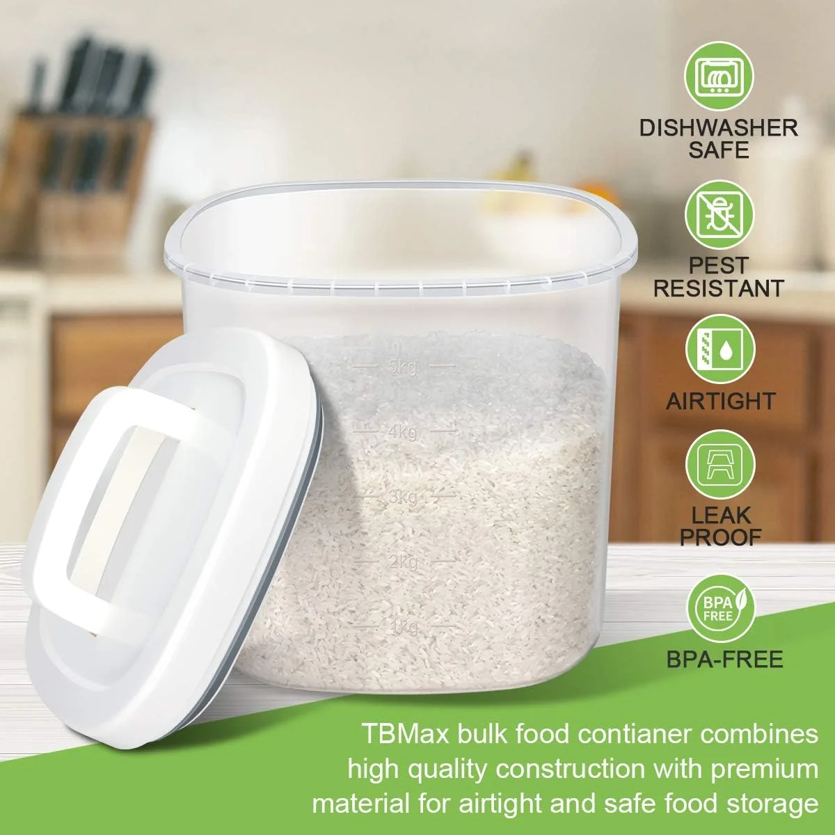ظرف برنج TBMax با ظرفیت 5 لیتر، ظرف نگهداری مواد غذایی پلاستیکی بدون BPA با درب + پیمانه اندازه گیری، سطل بزرگ نگهداری غلات برای آشپزخانه (5 کیلوگرم) ظرف برنج TBMax با ظرفیت 5 لیتر، ظرف نگهداری مواد غذایی پلاستیکی بدون BPA با درب + پیمانه اندازه گیری، سطل بزرگ نگهداری غلات برای آشپزخانه (5 کیلوگرم)