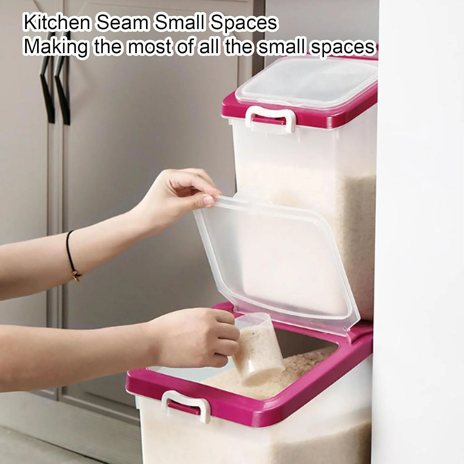 ظرف نگهداری برنج، مخزن شفاف پلاستیکی برنج و آرد به همراه پیمانه، ظرف نگهداری برنج و غلات ضد رطوبت و مهر و موم شده، ظرف نگهداری مواد غذایی و برنج و غلات