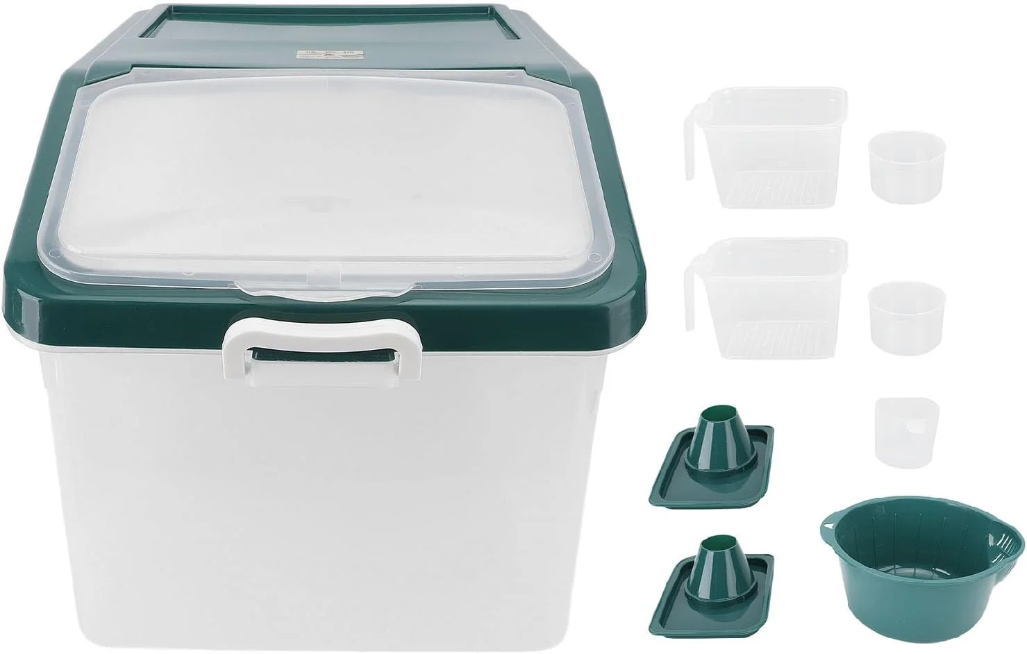 ظرف نگهداری برنج، مخزن پخش کننده برنج و غذای حیوانات خانگی با پیمانه اندازه گیری، آبکش برنج، ظرف نگهداری مواد غذایی برای برنج، غلات، آرد، دانه