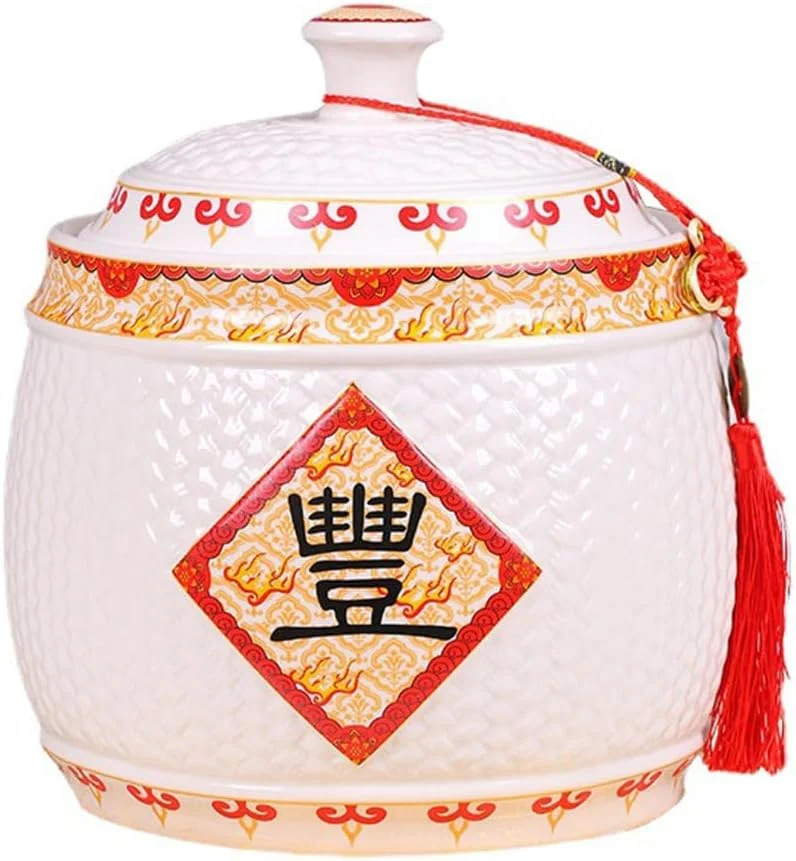 ظرف نگهداری مواد غذایی، ظرف نگهداری برنج، کوزه غلات مهر و موم شده کلاسیک، سطل برنج سرامیکی با ظرفیت بزرگ با درب، کوزه برنج سرامیکی، جعبه نگهداری برنج خانگی، A