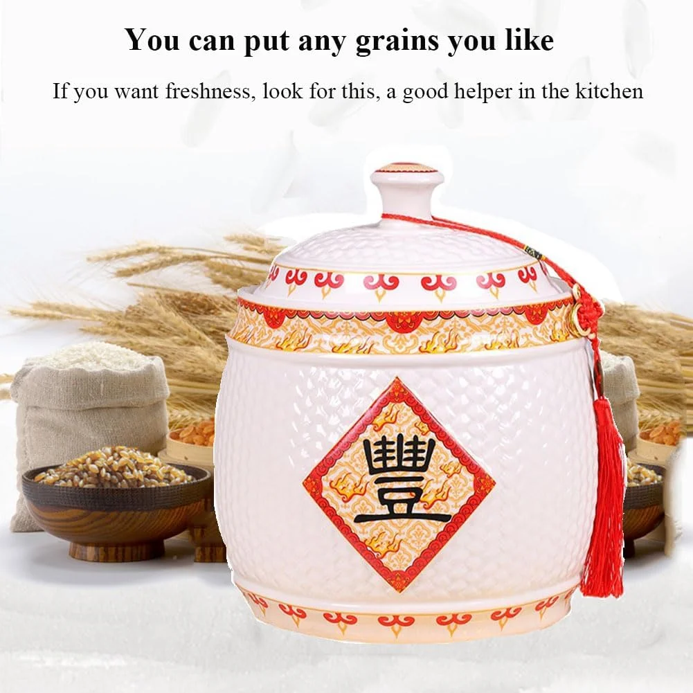 ظرف نگهداری مواد غذایی، ظرف نگهداری برنج، کوزه غلات مهر و موم شده کلاسیک، سطل برنج سرامیکی با ظرفیت بزرگ با درب، کوزه برنج سرامیکی، جعبه نگهداری برنج خانگی، A