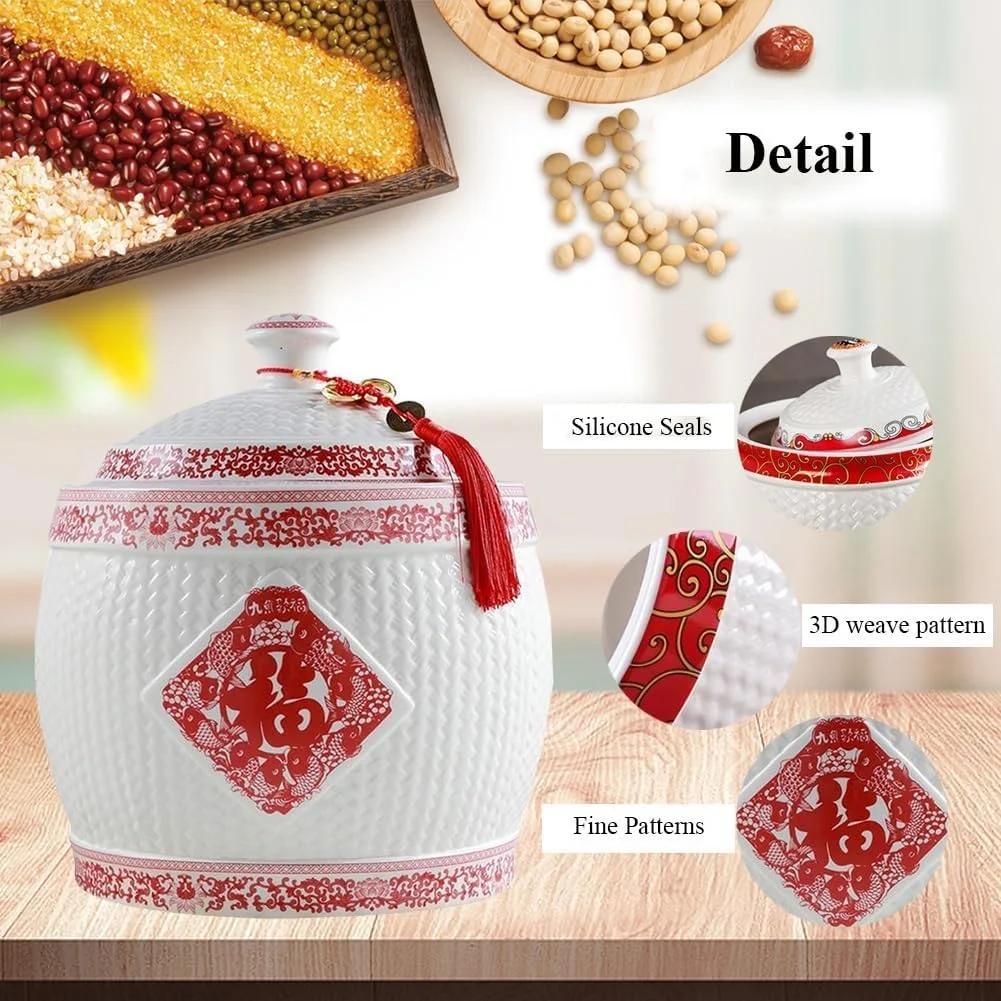 ظرف نگهداری مواد غذایی، ظرف نگهداری برنج، کوزه غلات مهر و موم شده کلاسیک، سطل برنج سرامیکی با ظرفیت بزرگ با درب، کوزه برنج سرامیکی، جعبه نگهداری برنج خانگی، A