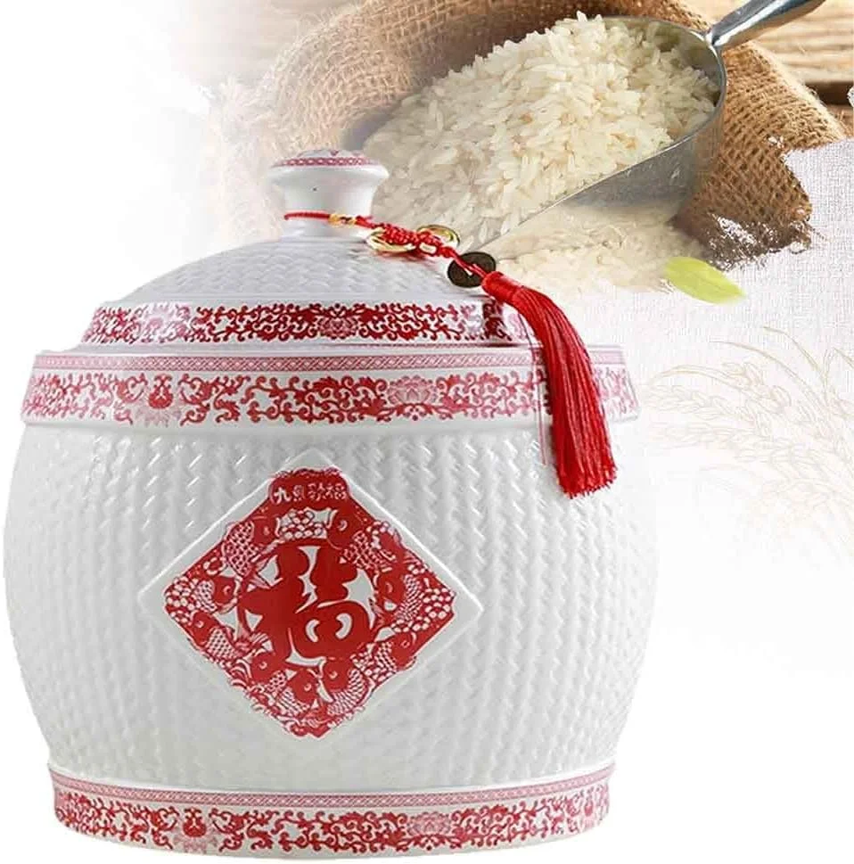 ظرف نگهداری مواد غذایی با درب، دیسپنسر برنج سرامیکی، سطل برنج مهر و موم شده برای آشپزخانه، قابلمه برنج سرامیکی، ظرف بزرگ نگهداری آرد غلات و دانه های سویا (4 کیلوگرم)