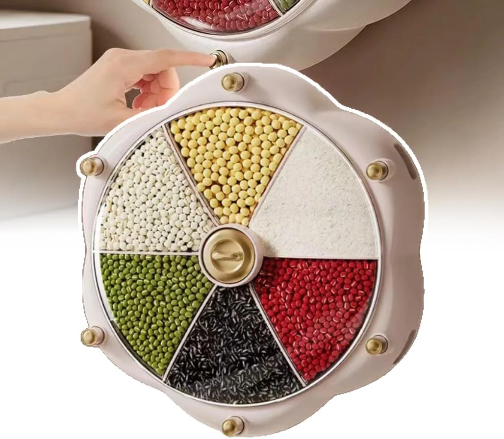 ظرف نگهداری برنج، ظرف نگهداری مواد غذایی دربسته، درب بزرگ قابل جابجایی - چرخش 360 درجه برای استفاده - توزیع برنج با یک لمس - نصب دیواری بدون اثر، بژ