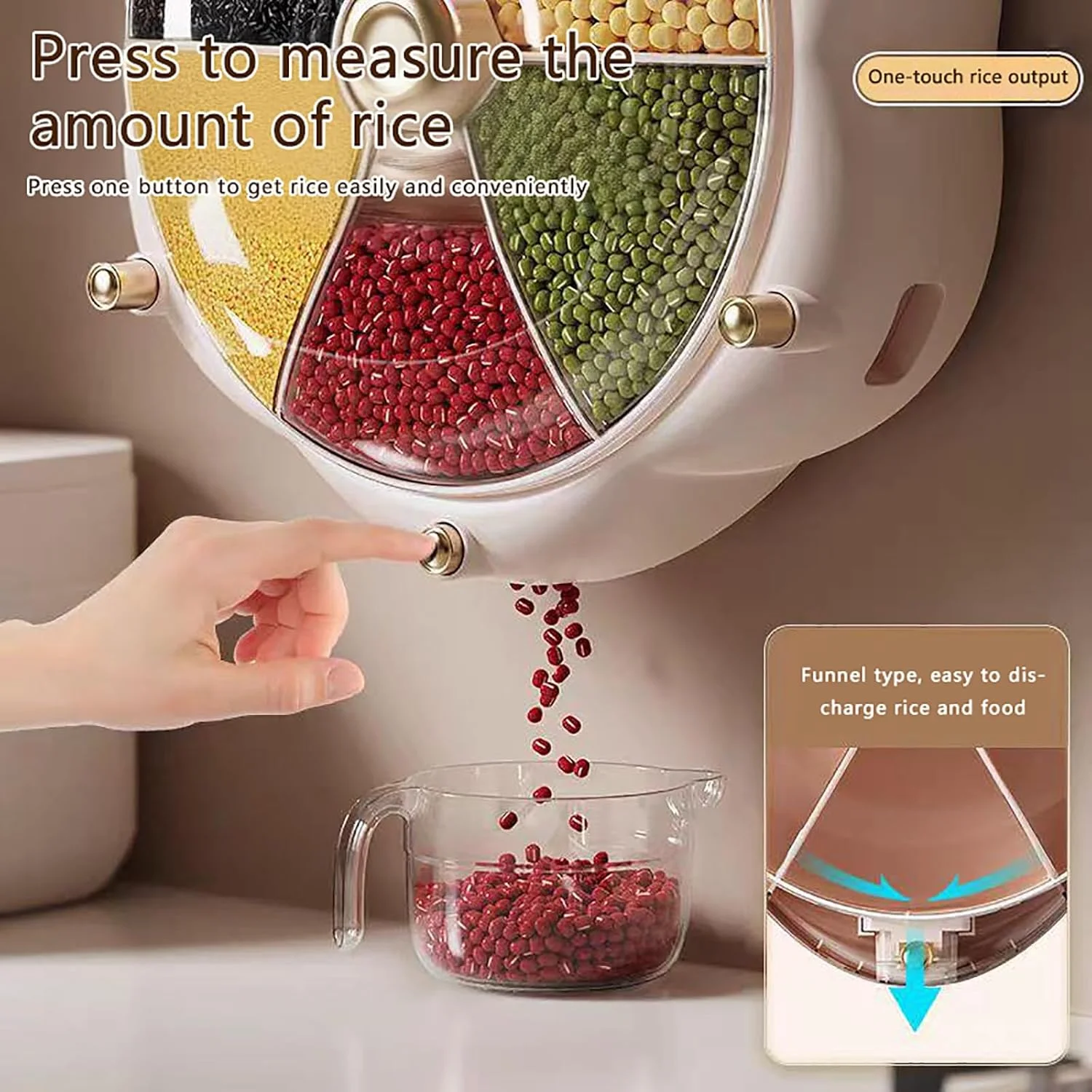 ظرف نگهداری برنج، ظرف نگهداری مواد غذایی دربسته، درب بزرگ قابل جابجایی - چرخش 360 درجه برای استفاده - توزیع برنج با یک لمس - نصب دیواری بدون اثر، بژ ظرف نگهداری برنج، ظرف نگهداری مواد غذایی دربسته، درب بزرگ قابل جابجایی - چرخش 360 درجه برای استفاده - توزیع برنج با یک لمس - نصب دیواری بدون اثر، بژ