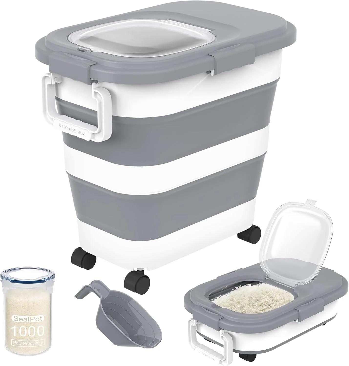 ظرف برنج هویتامدا با ظرفیت 13 تا 18 کیلوگرم، ظروف نگهداری مواد غذایی تاشو و ضد هوا با چرخ، دسته، ظرف نگهداری برنج به همراه سطل کوچک و پیمانه، دستگاه پخش برنج برای آرد، شکر، غلات، غذای سگ و گربه