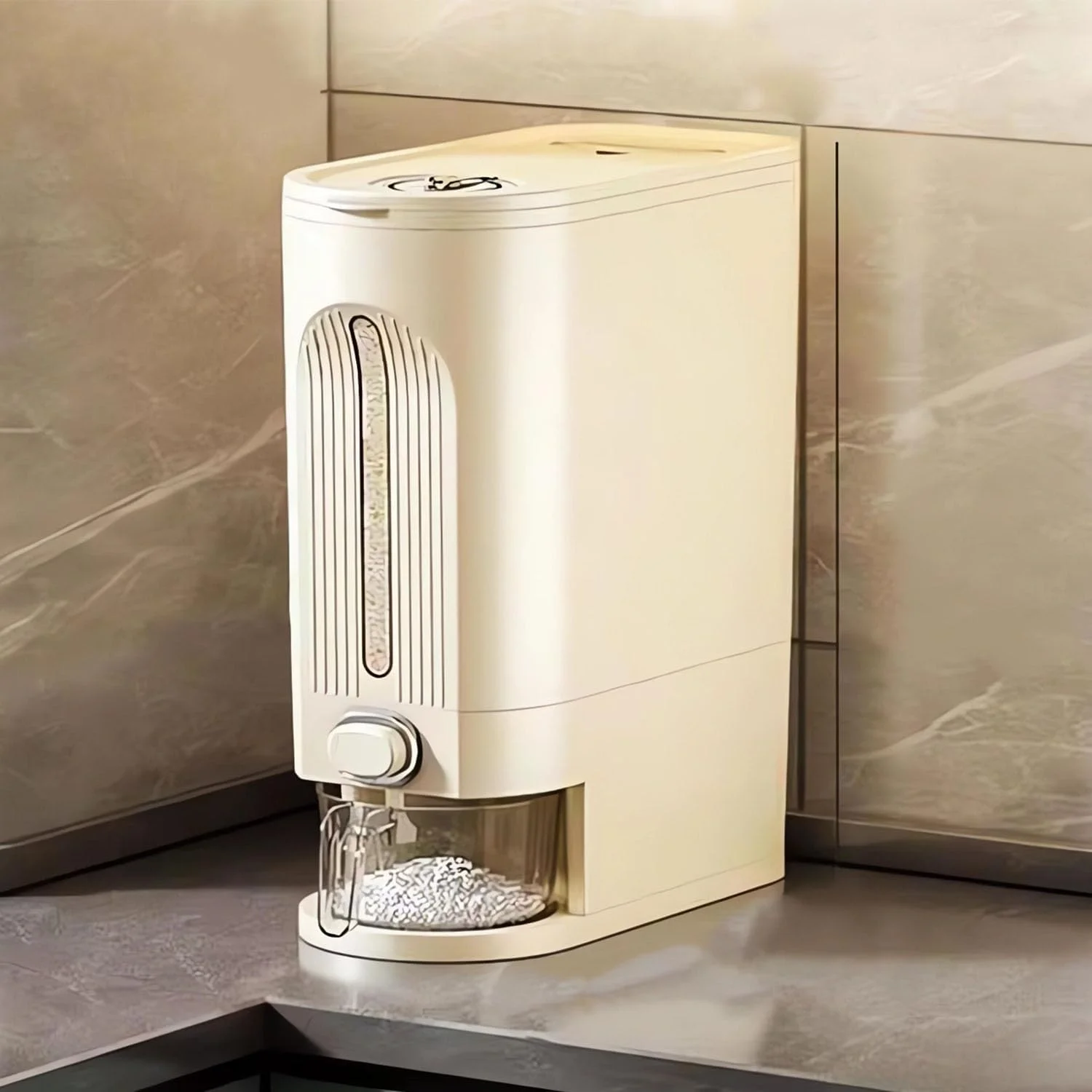 ظرف نگهداری برنج، ظرف بزرگ ۲۵ پوندی برنج با پیمانه و درب، ظرف نگهداری غلات خانگی، سطل پخش کننده مواد غذایی ضد رطوبت و هوا برای برنج، ذرت، دانه های قهوه، غلات