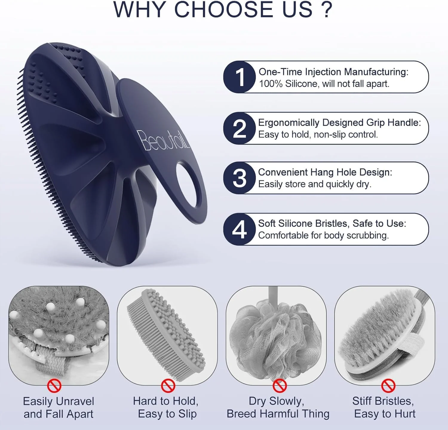 برس سیلیکونی بدن بیوتایل، بسته 2 عددی، برس شستشوی حمام، لایه بردار ملایم، مناسب برای شستشو و لیف برای خانم ها، آقایان و نوزادان با پوست حساس، تمیز کردن آسان، کف کردن مناسب، بهداشتی تر، صورتی + آبی