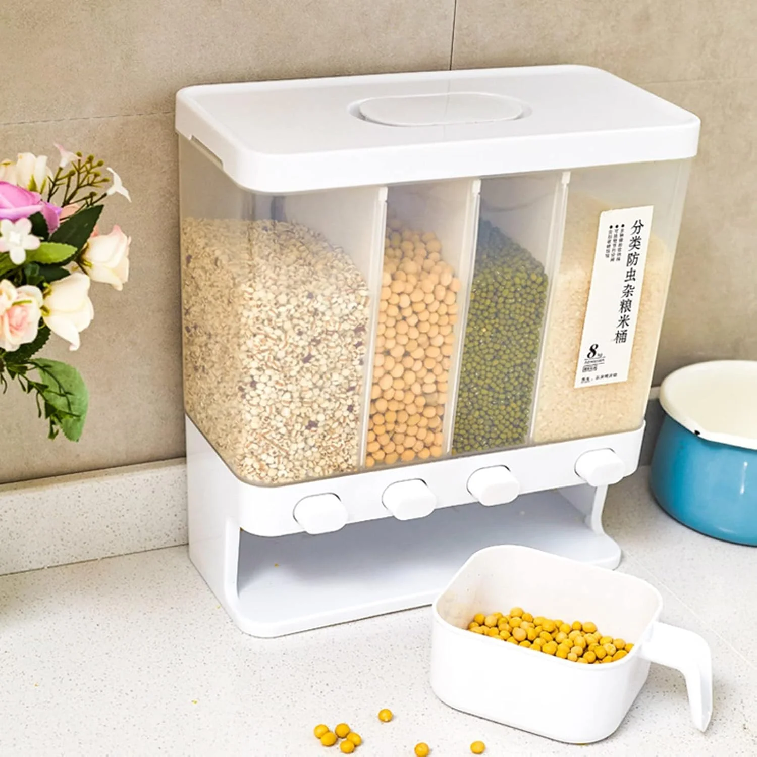 Natudeco Dry Food Dispenser 4 Grid Transparent Rice Container Kitchen Storage Organization for Kitchen Rice Beans Natudeco Dry Food Dispenser 4 Grid Transparent Rice Container Kitchen Storage Organization for Kitchen Rice Beans