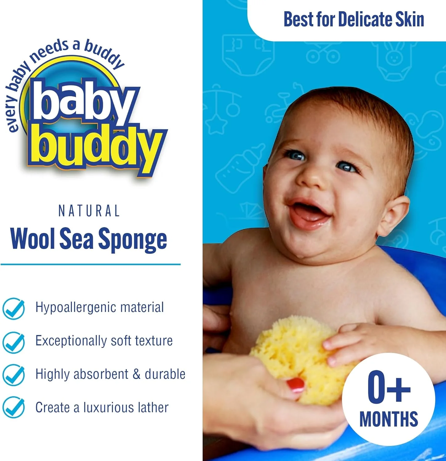 Baby Buddy’s Natural Baby Bath Sponge 4 Pack 4-5” Ultra Soft Premium Sea Wool Sponge Soft on Baby’s Tender Skin, Biodegradable, Hypoallergenic, Absorbent Natural Sea Sponge