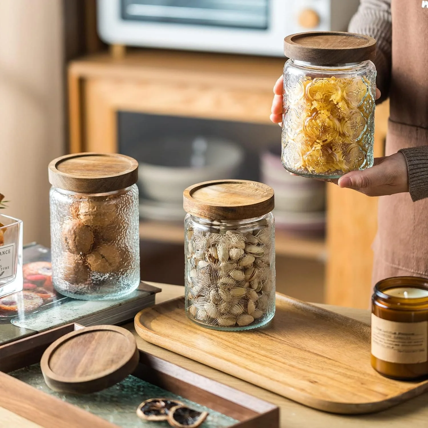 NALACAL Vintage Glass Airtight Storage Jar, With Airtight Wood Lid, Kitchen Food Containers, for Candy, Coffee Tea Beans, Oats,Flour, Grains,Food Storage Jar 24oz (2pcs) NALACAL Vintage Glass Airtight Storage Jar, With Airtight Wood Lid, Kitchen Food Containers, for Candy, Coffee Tea Beans, Oats,Flour, Grains,Food Storage Jar 24oz (2pcs)