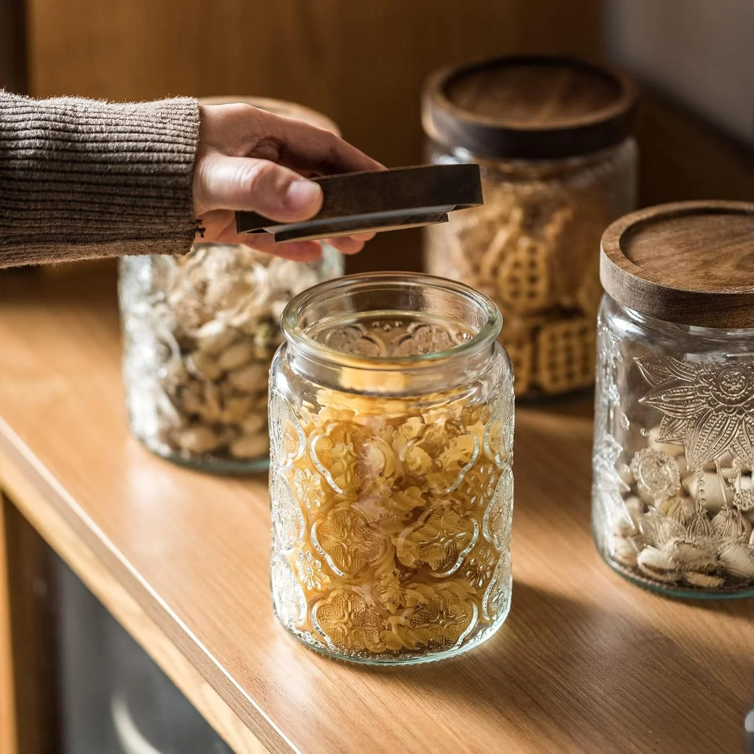 NALACAL Vintage Glass Airtight Storage Jar, With Airtight Wood Lid, Kitchen Food Containers, for Candy, Coffee Tea Beans, Oats,Flour, Grains,Food Storage Jar 24oz (2pcs) NALACAL Vintage Glass Airtight Storage Jar, With Airtight Wood Lid, Kitchen Food Containers, for Candy, Coffee Tea Beans, Oats,Flour, Grains,Food Storage Jar 24oz (2pcs)