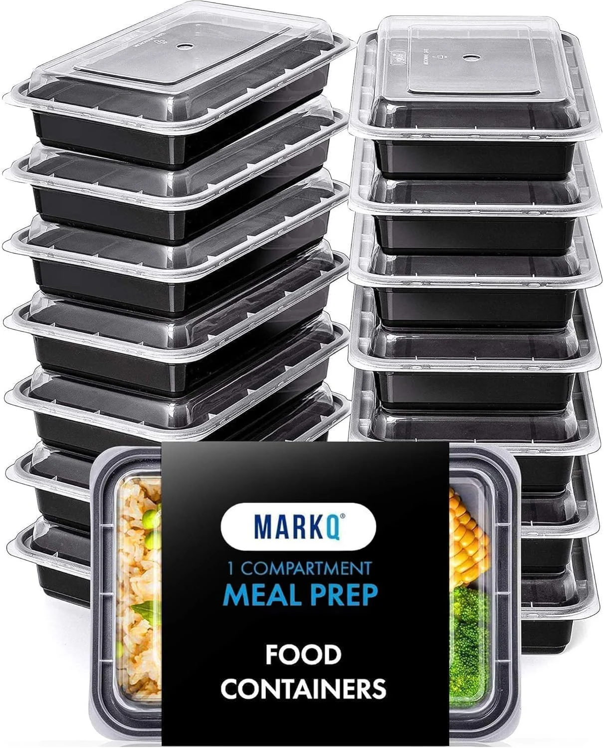 ظروف آماده سازی غذا مارک کیو [بسته 15 عددی] [946 میلی لیتر] با درب - ظروف پلاستیکی یک قسمتی برای نگهداری غذا - جعبه ناهار قابل استفاده مجدد برای بزرگسالان و برنامه ریزی غذایی