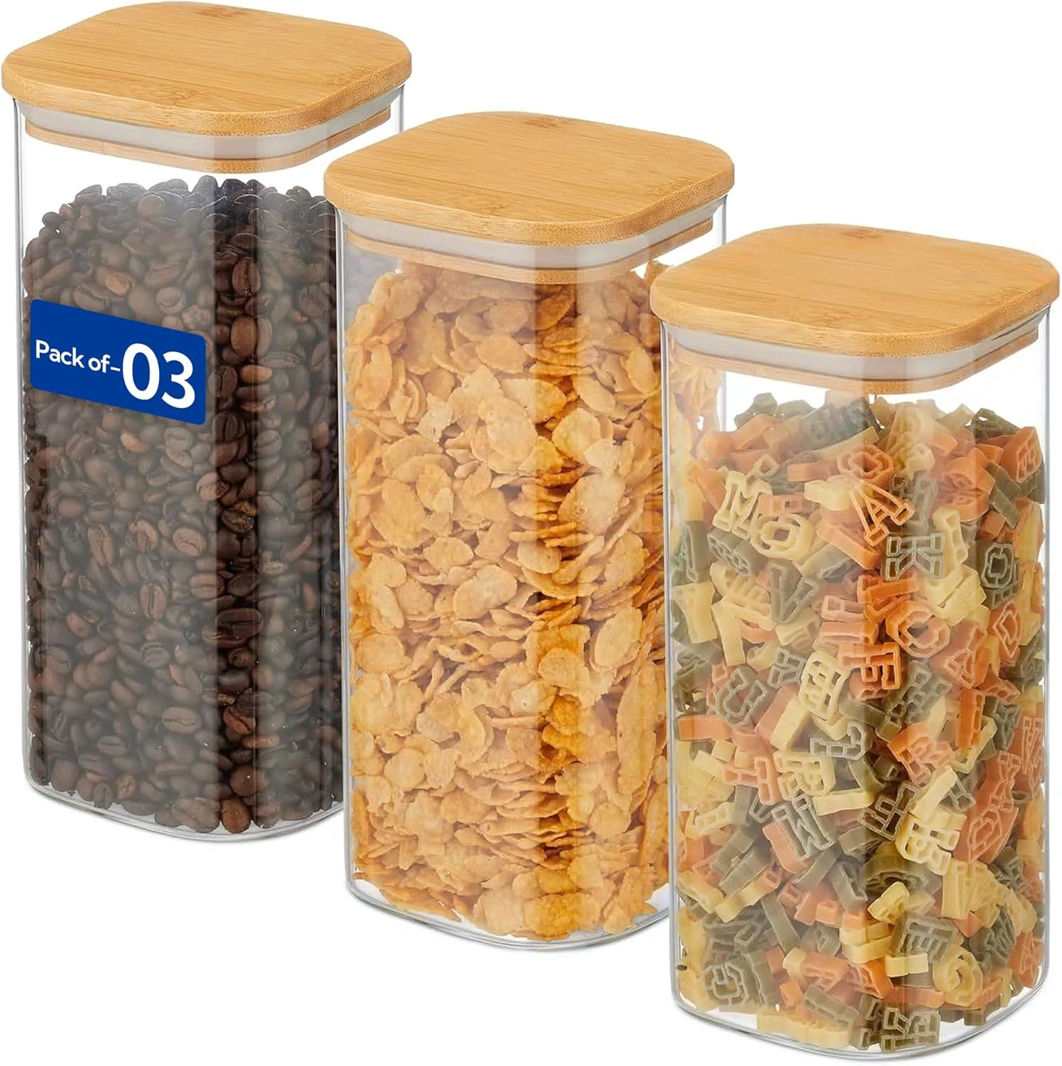 ست 3 عددی ظروف شیشه ای درب بامبو MARKQ، 1250 میلی لیتر، 8x20 سانتی متر - ظرف آشپزخانه بلند و بدون هوا برای آرد، شکر، حبوبات، برنج و ملزومات روزمره انبار