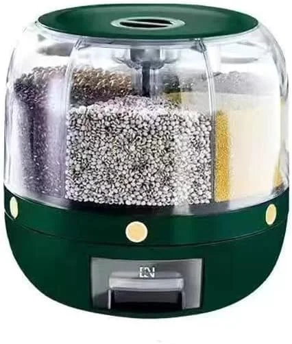 ظرف نگهداری برنج چرخشی ماتیکو، ظرف نگهداری مواد غذایی خشک پلاستیکی PP با 6 محفظه برای برنج و حبوبات (گرد کوچک - ظرف برنج سبز)