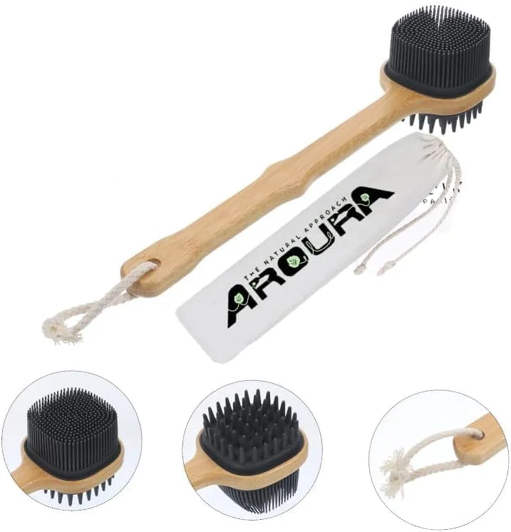 لیف پشت سیلیکونی ممتاز و سازگار با محیط زیست Aroura: دسته بلند بامبو، برس دوش دو طرفه، برس لایه بردار با بند برای آقایان و بانوان