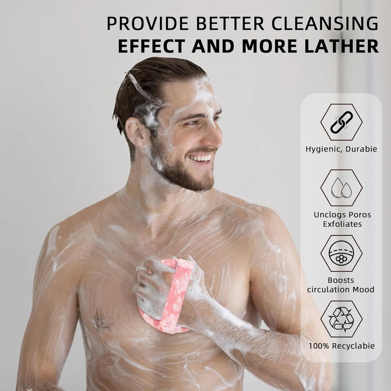 برس بدن دوش، برس بدن سیلیکونی ضد میکروبی، برس شستشوی بدن لایه بردار برای پوست حساس، طراحی نوآورانه موهای سیلیکونی برای لایه برداری موثر دوش و ماساژ ملایم، صورتی