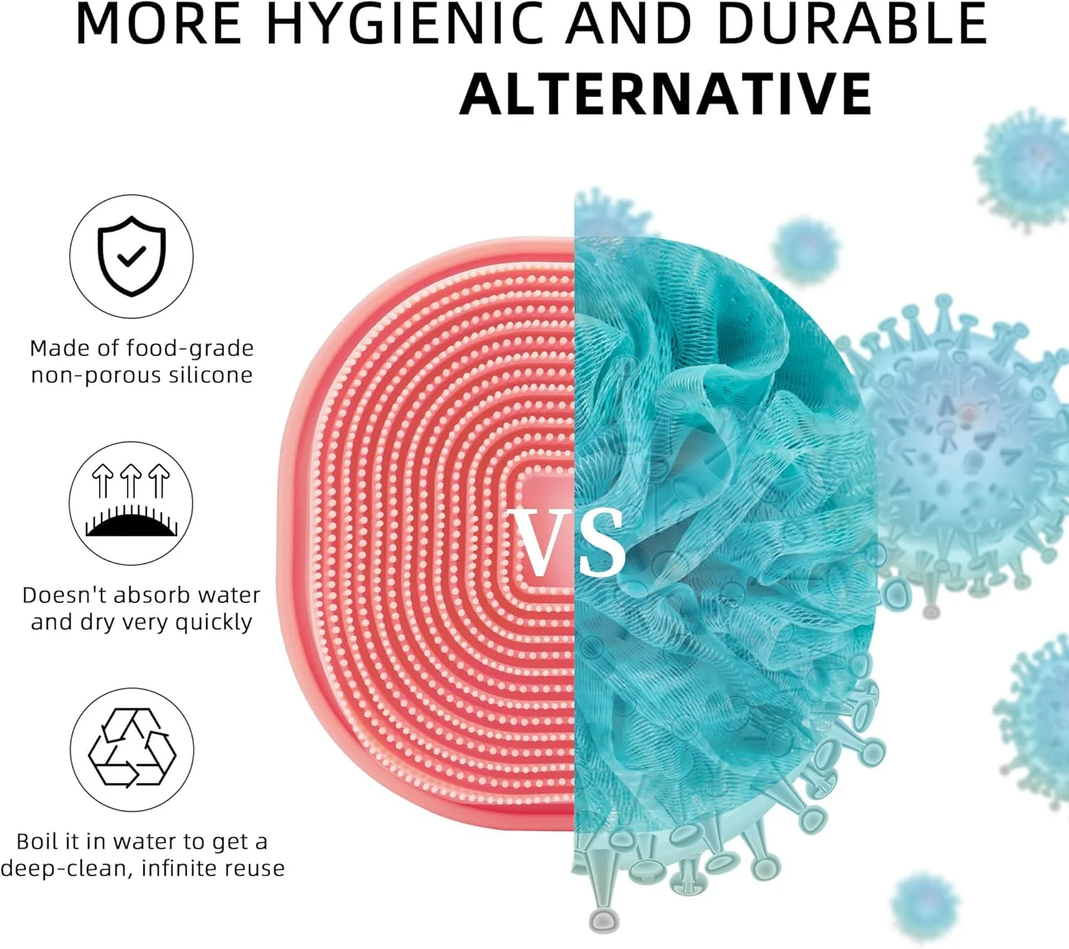 برس بدن دوش، برس بدن سیلیکونی ضد میکروبی، برس شستشوی بدن لایه بردار برای پوست حساس، طراحی نوآورانه موهای سیلیکونی برای لایه برداری موثر دوش و ماساژ ملایم، صورتی