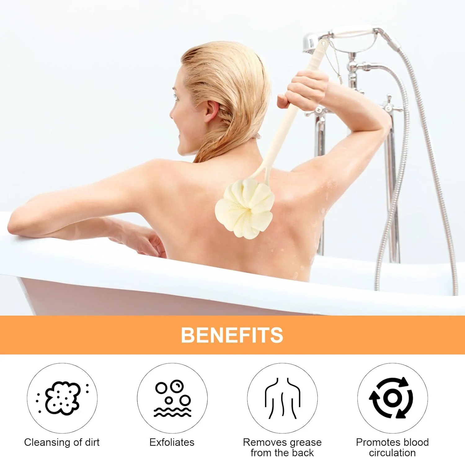 لیف پشت شوی آپومونز با دسته بلند، برس دوش 2 در 1، اسفنج دوش و برس خشک بدن، کمک کرم برای پشت، برس دوش، کمک کرم پشت