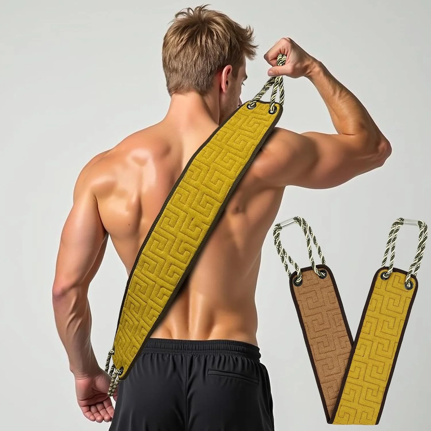 لیف لایه بردار پشت AHLPO برای دوش، بند شستشوی دو طرفه پشت، لیف شستشوی پشت با دسته، کمک شستشوی پشت بدن، برس اسکرابر پشت بدن برای مردان و زنان (زرد)