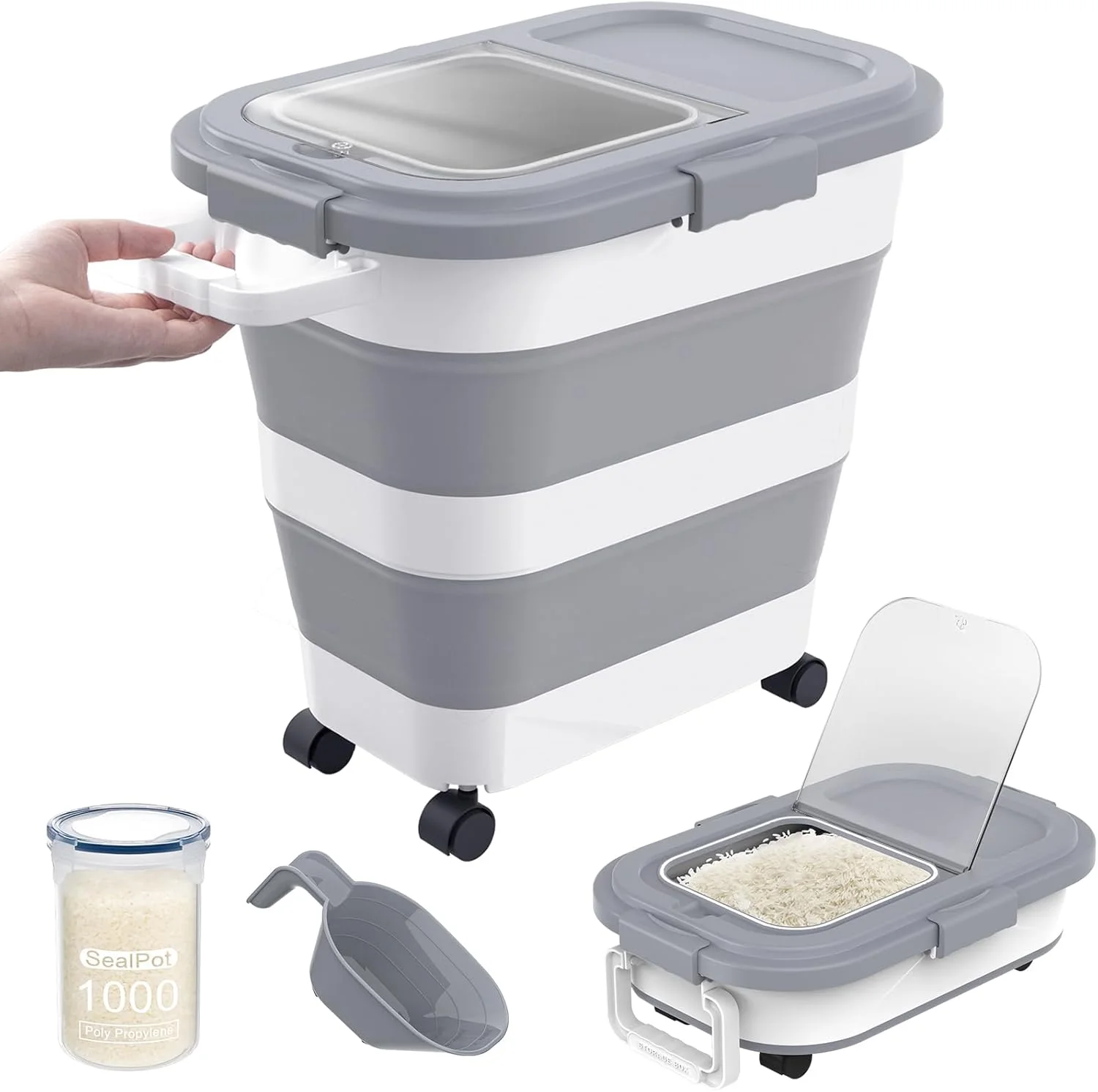 ظرف برنج هویتمدار 30-40 لیتری، ظروف نگهداری مواد غذایی تاشو و ضد هوا با چرخ، دسته، ظرف نگهداری برنج با سطل کوچک و پیمانه، پخش کننده برنج برای آرد، شکر، غلات، غذای سگ و گربه ظرف برنج هویتمدار 30-40 لیتری، ظروف نگهداری مواد غذایی تاشو و ضد هوا با چرخ، دسته، ظرف نگهداری برنج با سطل کوچک و پیمانه، پخش کننده برنج برای آرد، شکر، غلات، غذای سگ و گربه