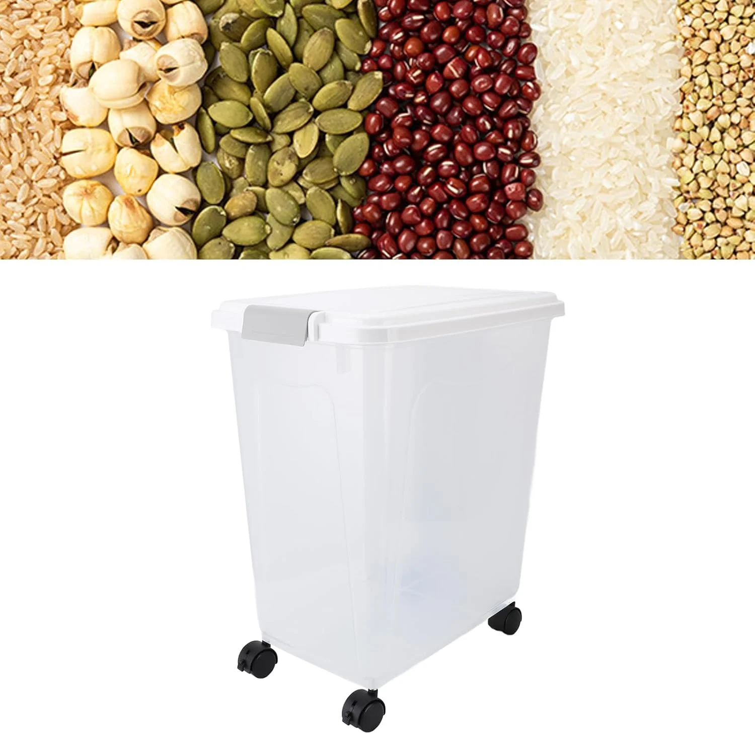 ظرف نگهداری برنج Jiawu، ظرف برنج 30 کیلویی برای نگهداری مواد غذایی خشک، غلات با درب و چرخ، مناسب برای آرد و سایر مواد غذایی ظرف نگهداری برنج Jiawu، ظرف برنج 30 کیلویی برای نگهداری مواد غذایی خشک، غلات با درب و چرخ، مناسب برای آرد و سایر مواد غذایی