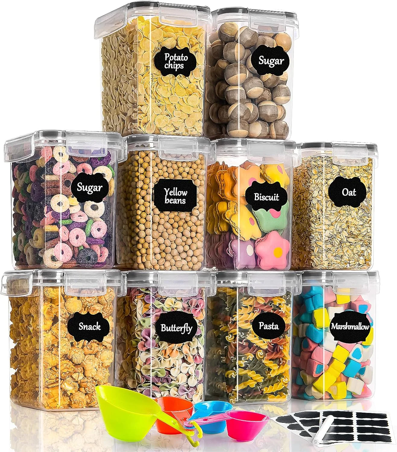 GoMaihe 1.6L Cereal Storage Containers Set of 10, Plastic Airtight Food Storage Containers with Lids, Storage Jars for Storing Pasta, Rice, Rlour, Dog, Cat, Cereal Dispenser Kitchen Organiser, Black